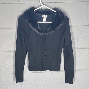 Ann Taylor Loft Black Button Faux Fur Collar Sweater - Small